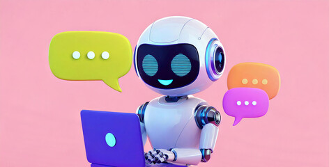 cute friendly artificial intelligence robot using laptop computer, chatbot and AI assistant working and chatting in speech bubble