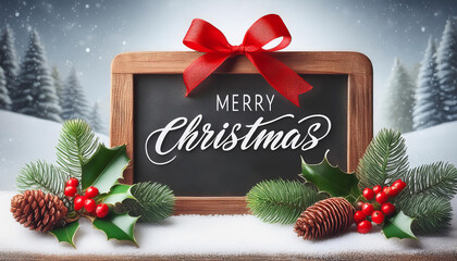 handwritten "Merry Christmas" on a rustic chalkboard framed with holly leaves, pinecones, and a red ribbon, snowy at background