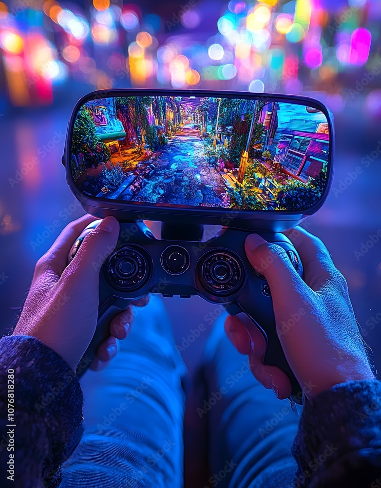 Poster a person holds a game controller while playing a vibrant, colorful video game on a mobile screen.