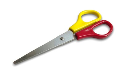 Top view of a scissor with a vibrant yellow and red handle, isolated on a white background. 