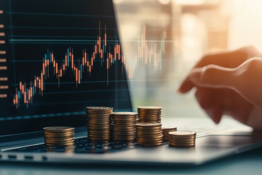 A person is using a laptop to input numbers and coins