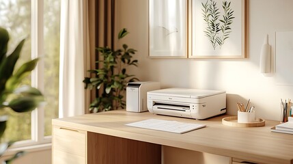 Simple and organized desk featuring a compact printer tucked to one side, smooth wood finish, soft natural light, clutter-free layout, minimalist and modern aesthetic. --ar 16:9