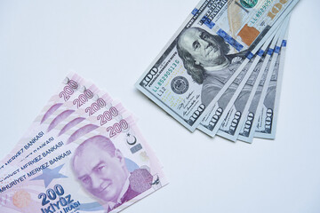 100 US dollars and 100 Turkish lira listed in top view