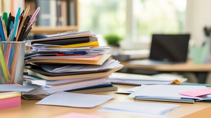 A messy desk with a pen holder and a laptop