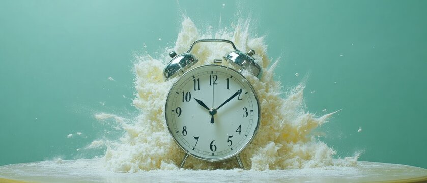 Alarm clock exploding in a cloud of white powder.