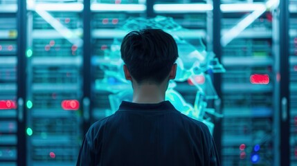 A person stands in front of a server room, observing a digital holographic interface, representing advanced technology and data analysis.