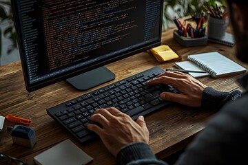 A person coding on a computer with a keyboard, surrounded by office supplies.