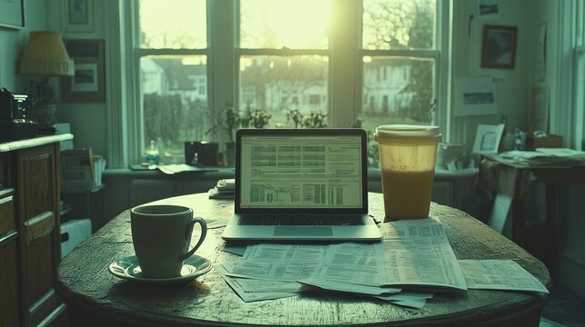 Laptop, coffee, and paperwork on a table in a sunlit room.
