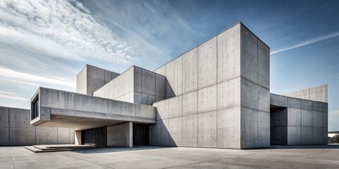 Obraz premium Minimalist Architectural Concrete Exteriors Featuring Rectilinear Volumes and Brutalist Design, Showcasing Geometric Forms with Copy Space for Textual Integration
