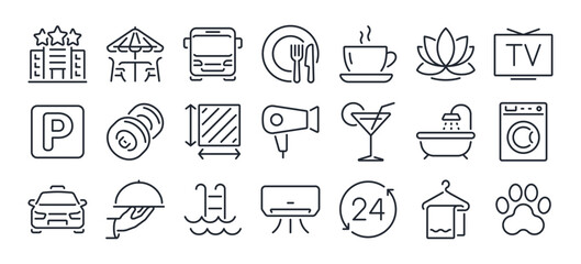 Fototapeta premium Hotel service and hospitality editable stroke outline icons set isolated on white background flat vector illustration. Pixel perfect. 64 x 64.