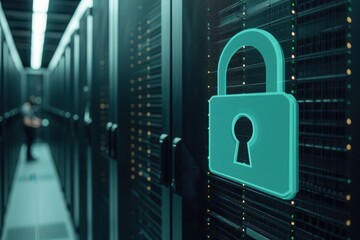 A digital lock symbol overlays a data center, representing cybersecurity and data protection amidst server racks.
