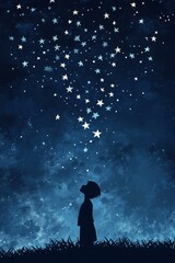 Naklejka premium Child Gazing at Starry Night Sky with Silhouette Against a Cosmic Backdrop
