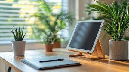 Fototapeta premium Sleek desk setup with a tablet stand and stylus, uncluttered layout, soft natural lighting, smooth wood texture, minimalist aesthetic, emphasizing productivity and focus. --ar 16:9