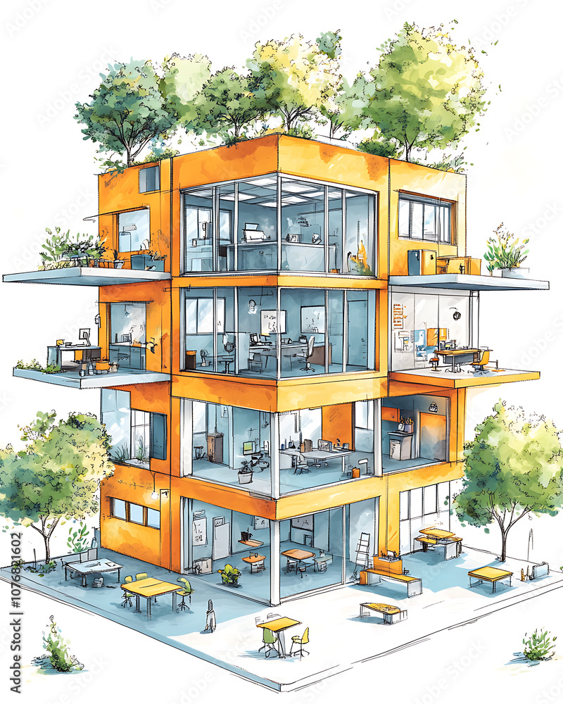 Poster future of work ai automation transformation future workspace with innovative design and green elemen