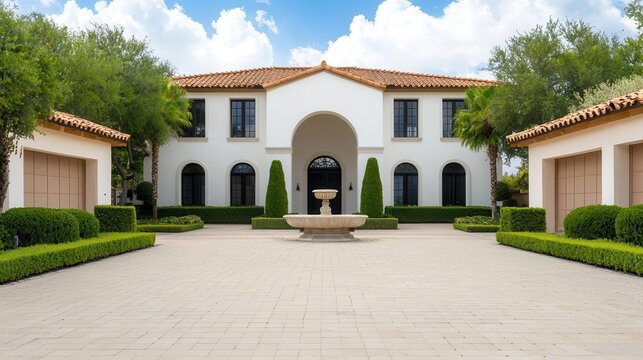 Grand estate with manicured gardens, long driveways, and a palatial fountain in the entrance courtyard