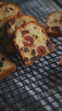 fruit cake sweet dessert dried fruit traditional pastry, nuts meal food snack on the table copy space food background rustic top view