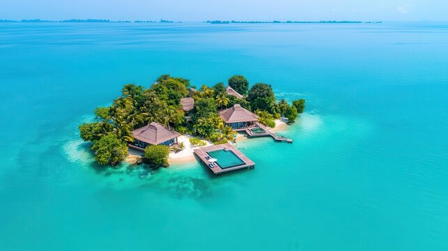 Millionaire s private island with multiple beachfront villas, clear blue waters, and exclusive amenities