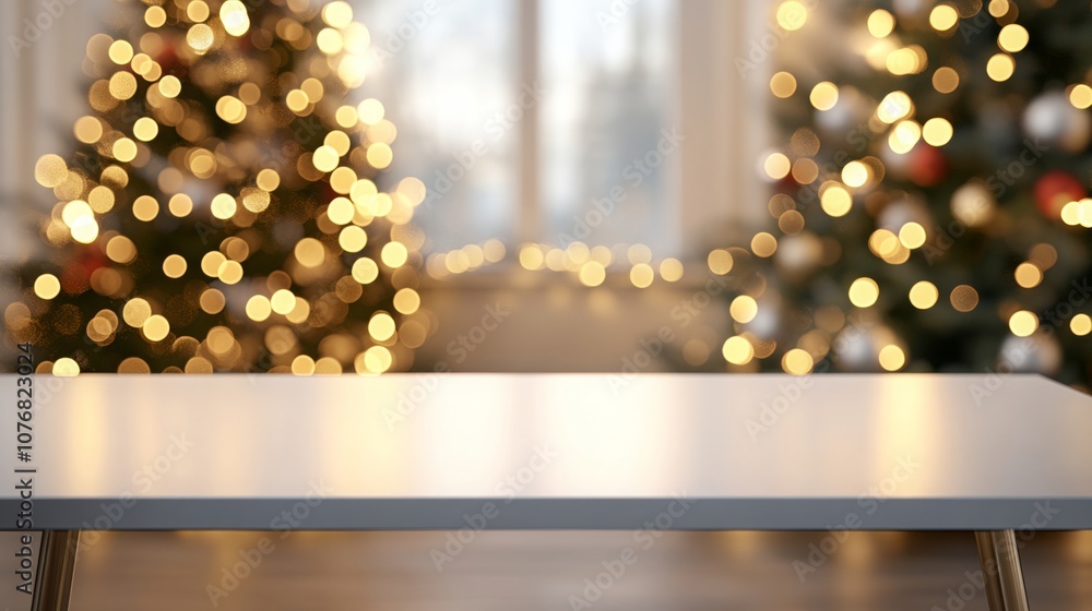 Poster A simple table stands in the foreground, while two elegantly decorated Christmas trees twinkle with warm lights in a cozy room. The festive atmosphere invites holiday cheer and togetherness.