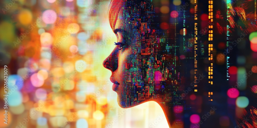 Poster a unique representation combining a person’s profile with abstract seo analytics.