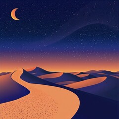 Fototapeta premium Serene desert landscape at twilight with a crescent moon.