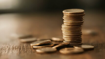 A stack of gold coins on a wooden table
