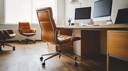 Fototapeta premium Tidy office desk with hidden cables managed by clips under the desk, smooth and clean look, natural lighting, minimal and functional design, modern workspace layout. --ar 16:9