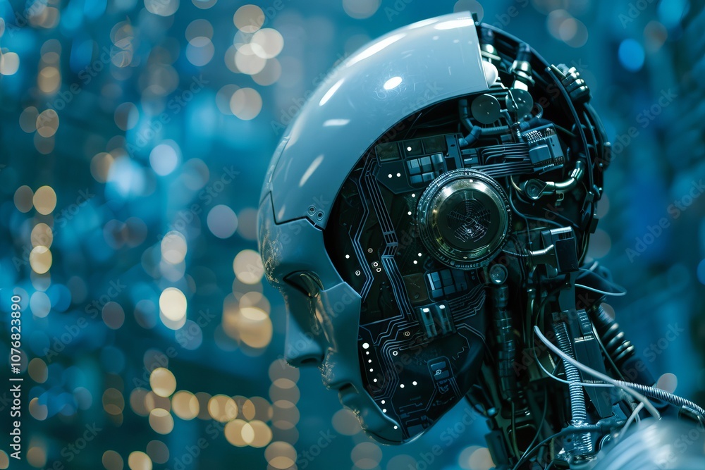 Poster futuristic robotic head with circuitry in a blue bokeh background