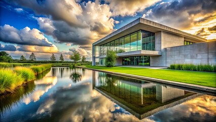 Fototapeta premium Modern Concrete Building Surrounded by Lush Green Grass and Trees with a Tranquil Water Feature Under a Dramatic Cloudy Sky for Architectural and Nature Photography