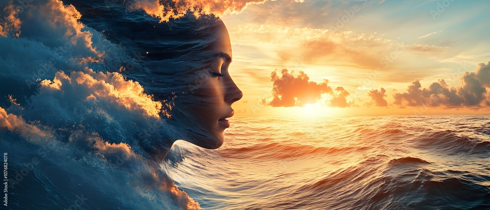 Poster ethereal woman silhouetted by waves and sunset, merging nature and emotion with dramatic cloud patte