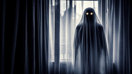 A mysterious figure shrouded in a ghostly presence stands behind sheer curtains, with glowing eyes creating an eerie atmosphere in a haunting setting.