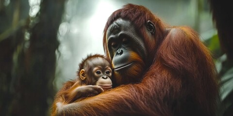 Fototapeta premium A tender moment between an adult orangutan and its baby in a lush, green jungle. The image captures the warmth of their bond and the beauty of wildlife. Perfect for nature and animal lovers. AI