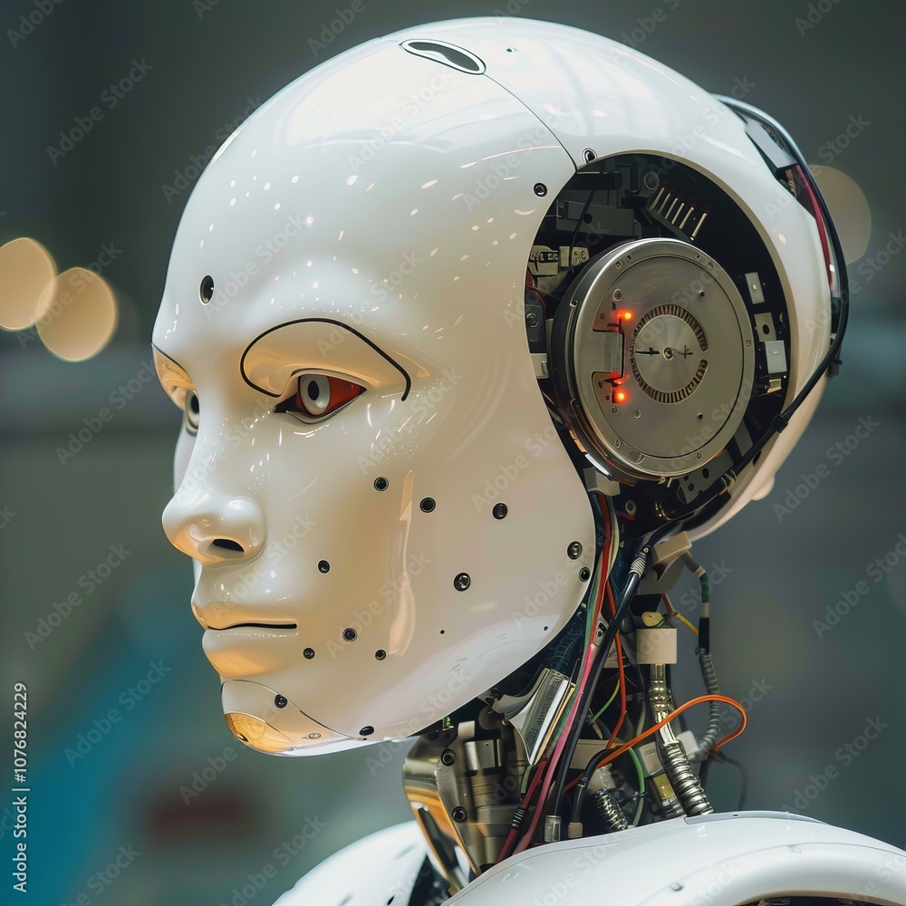 Poster futuristic humanoid robot with exposed mechanical components in a modern setting