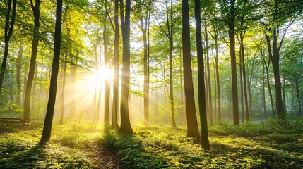 Obraz premium A serene forest scene with sun rays streaming through lush green trees, creating a tranquil atmosphere perfect for nature lovers and outdoor enthusiasts.