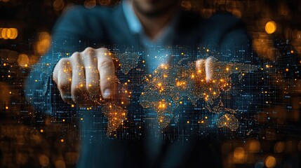 A businessman points at cubes changing from regional to global, highlighting a shift in focus