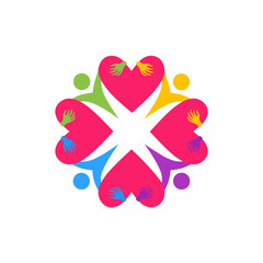 Illustration depicting hearts and hands intertwined in a circular pattern. This vector design symbolizes unity, diversity, love and community. Ideal for teamwork and social relationships concepts.