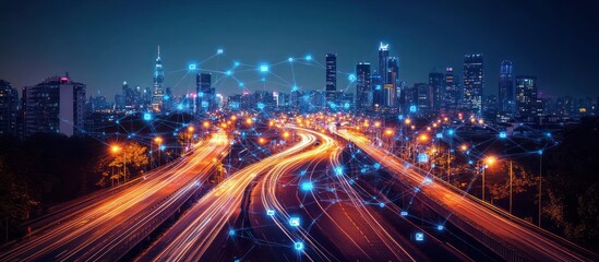 Fototapeta premium A futuristic cityscape with glowing lights and connected networks.