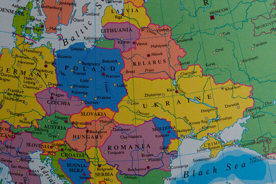 Political map of Eastern Europe including Poland, Belarus, Ukraine, Romania, Hungary, Slovakia, Moldova, Serbia, Slovenia, Bosnia-Herzogovina, Czechia, Austria, Ukraine,Lithuania, Latvia, and Germany.