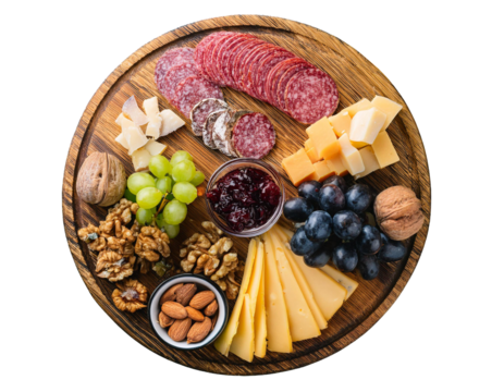 Tabla de embutidos y quesos, con frutos secos, uvas, pasas, mermelada, queso azul, salami, tabal de comida PNG