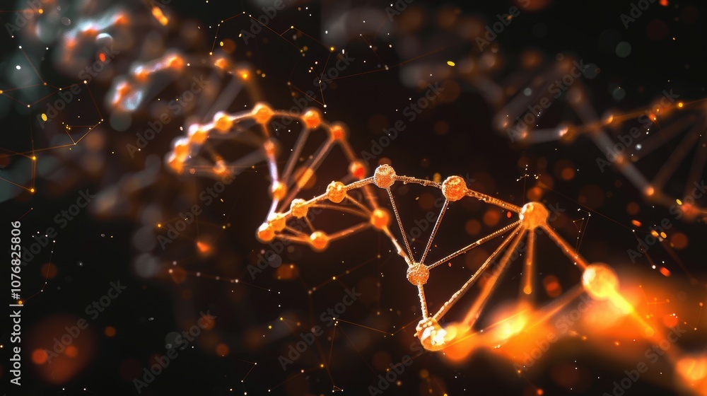 Aufkleber glowing orange dna connection on polygonal black background, abstract representation of genetic link