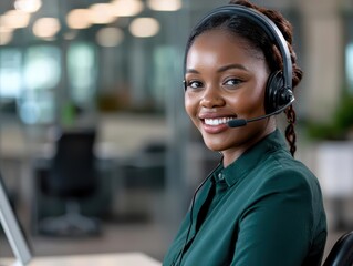 Smiling customer service representative with headset at work.