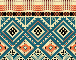 Intricate traditional ethnic geometric pattern, featuring diamond shapes, arrows, and zigzag borders in a striking color palette of teal. Ideal for fabric, textile, wallpaper, and background design.