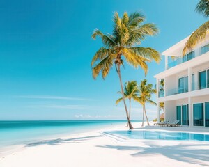 Fototapeta premium Lavish tropical property with indooroutdoor living spaces, lush palm trees, and private beachfront access