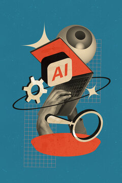 Composite trend artwork sketch image collage of intelligence assistant creative device internet icon ai hand type laptop cogwheel loupe