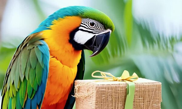 tropical parrot yellow crest holds ecofriendly Christmas gift wrapped biodegradable packaging symbolizing zerowaste practices environmental awareness holiday season New Year celebrations bird pet