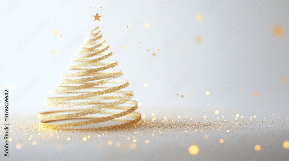 Poster a minimalist christmas tree made of golden ribbon sits on a white surface with glittering lights. it
