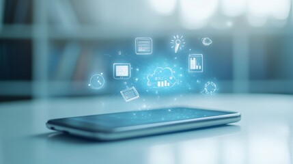 Mobile education platform allows for easy online learning and course access via a smartphone. Key icons representing e-learning are displayed on the screen, set against a blue background.