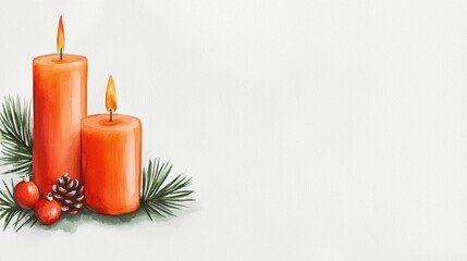 Two orange candles surrounded by pine branches, cones, and red berries create a warm, festive atmosphere on a light background.