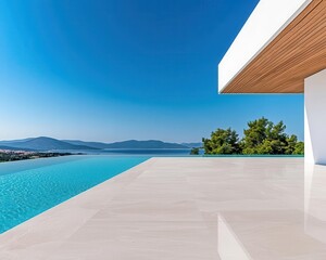 Fototapeta premium Spacious villa with large open spaces, minimalist design, and a rooftop lounge overlooking the sea