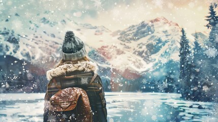 A person wearing a hat and a backpack is standing on a snowy mountain