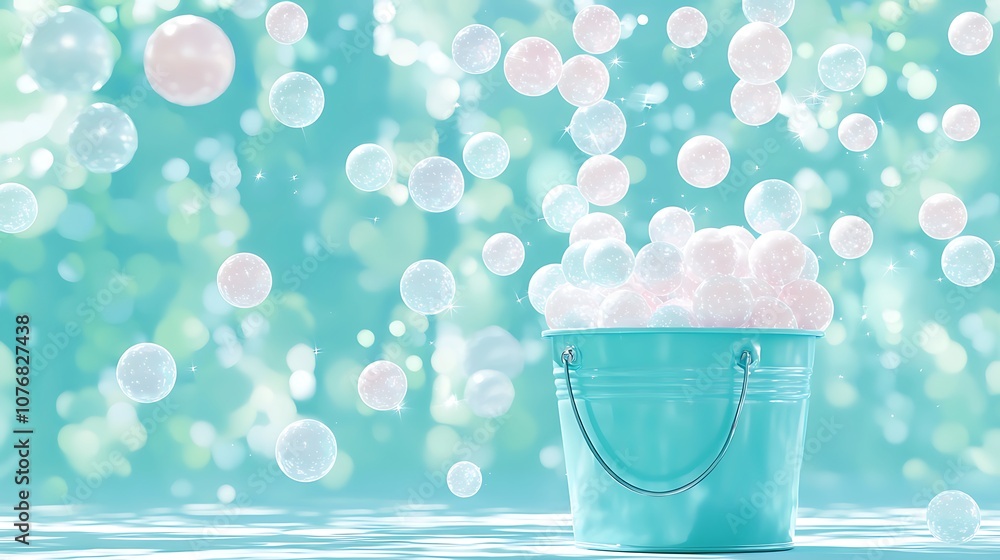 Poster bubbles floating above a colorful bucket surrounded by soft light and a pleasant bokeh background, c